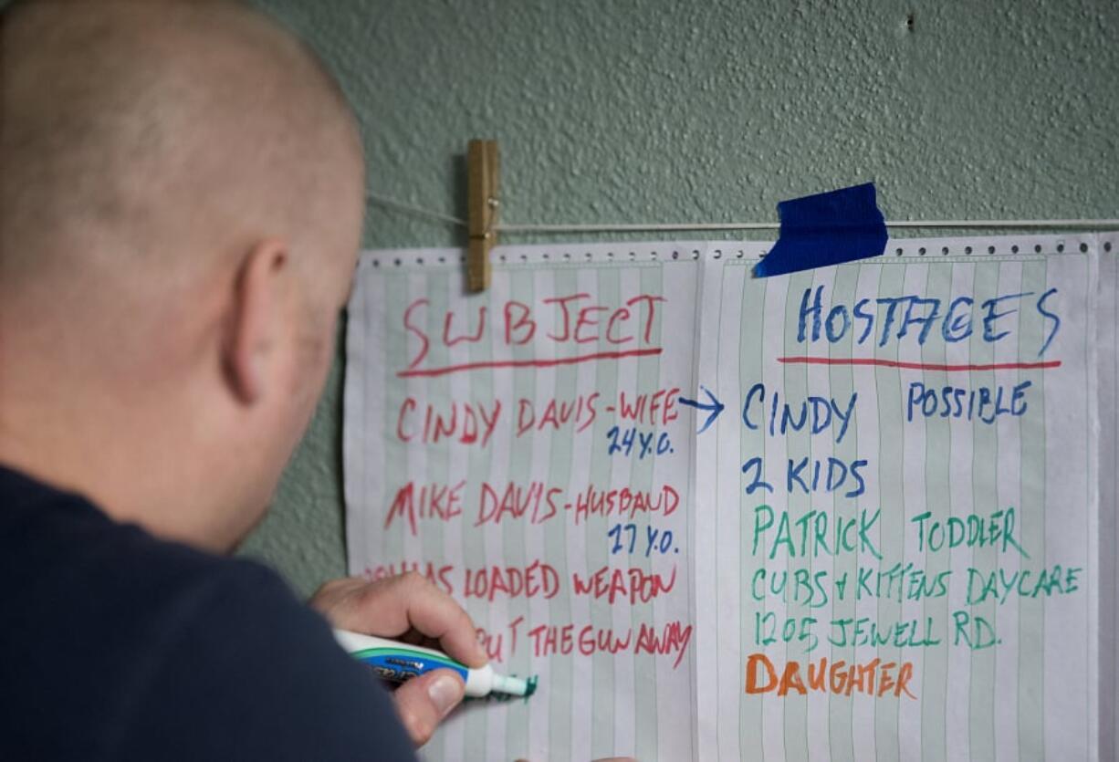 Clark County Corrections Deputy Paul Bond sorts through information he received from command to determine simulated risks from made-up characters during crisis training at Compass Church on Thursday afternoon.