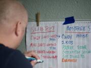 Clark County Corrections Deputy Paul Bond sorts through information he received from command to determine simulated risks from made-up characters during crisis training at Compass Church on Thursday afternoon.