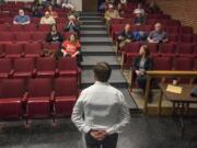 Brett Nair, center, consultant with the Oregon Education Association, speaks during a meeting of Clark College Association for Higher Education members on campus Tuesday afternoon. Nair encouraged members to stand united during ongoing union negotiations.