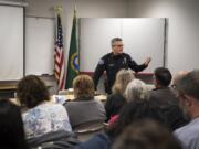 Vancouver Police Chief James McElvain speaks during a Vancouver Neighborhood Alliance meeting March 13 at Fisher’s Landing Fire Station 9 in Vancouver.