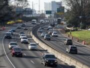 Traffic moves along Interstate 5 near the Rose Quarter in Portland.