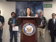 Seth Moran, scientist-in-charge at the U.S. Geological Survey Cascades Volcano Observatory, from left, Ray Yurkewycz, executive director of the Mount St. Helens Institute, U.S. Sen. Maria Cantwell, D-Wash., Ernie Schnabler, director of emergency management with the Cowlitz County Sheriff’s Office, and Dan Douthit, public information officer for the Portland Bureau of Emergency Communications, talk about the importance of volcano monitoring prior to a tour at the CVO on Thursday morning.