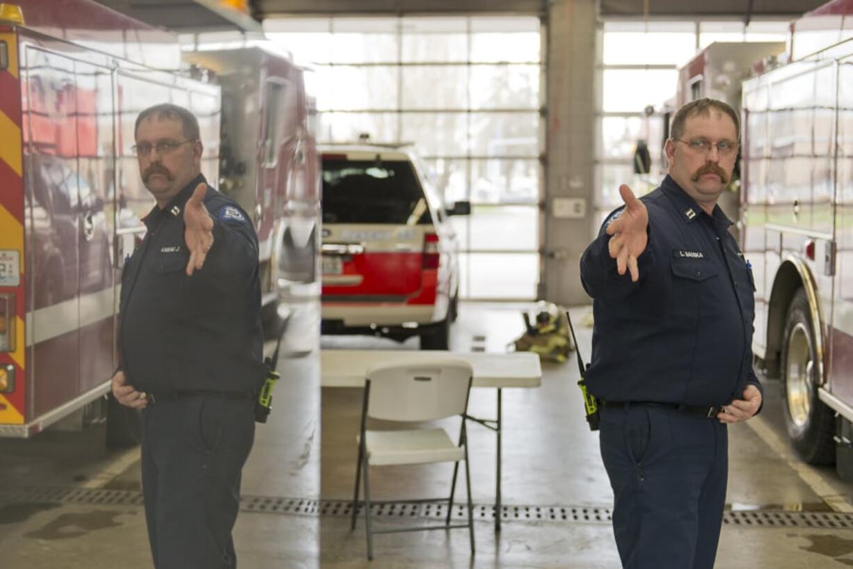 Clark County Fire District 3 Capt. Larry Bauska gives a tour of the current firefighting equipment in use at Station 35 in Battle Ground.