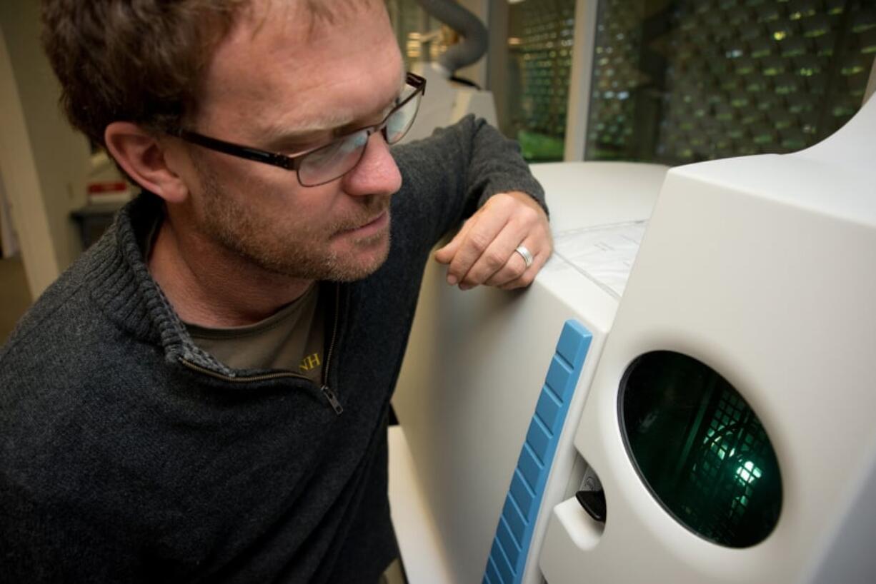 Oregon State University geology researcher and professor Adam Kent analyzing volcanic rock. Kent was one of several researchers who worked on a recently released study they say shows the promise of doing more larger-scale, multi-peak research on volcanoes.