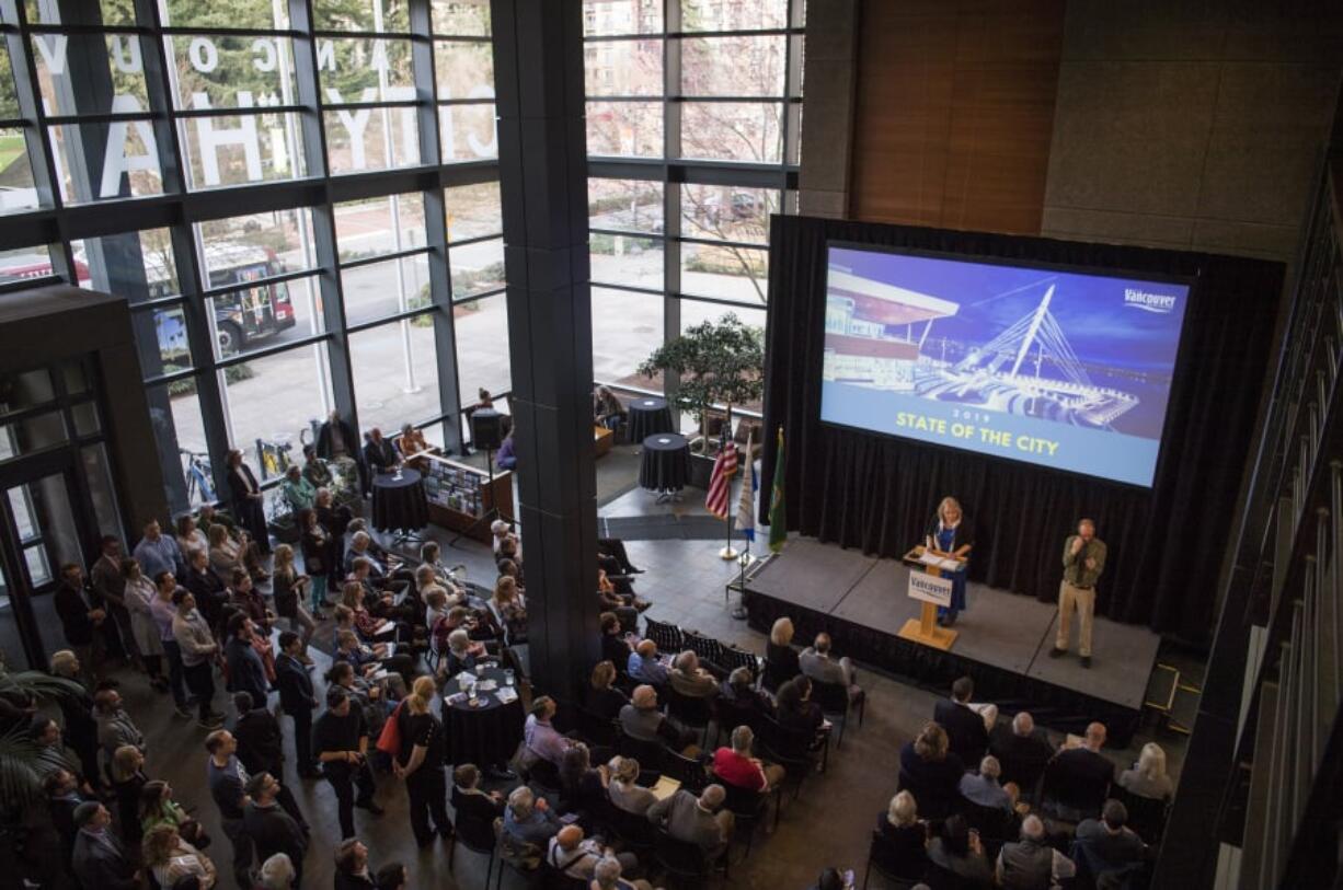 Vancouver Mayor Anne McEnerny-Ogle begins her 2019 State of the City address at City Hall on Thursday evening. Her speech focused primarily on economic development and housing.