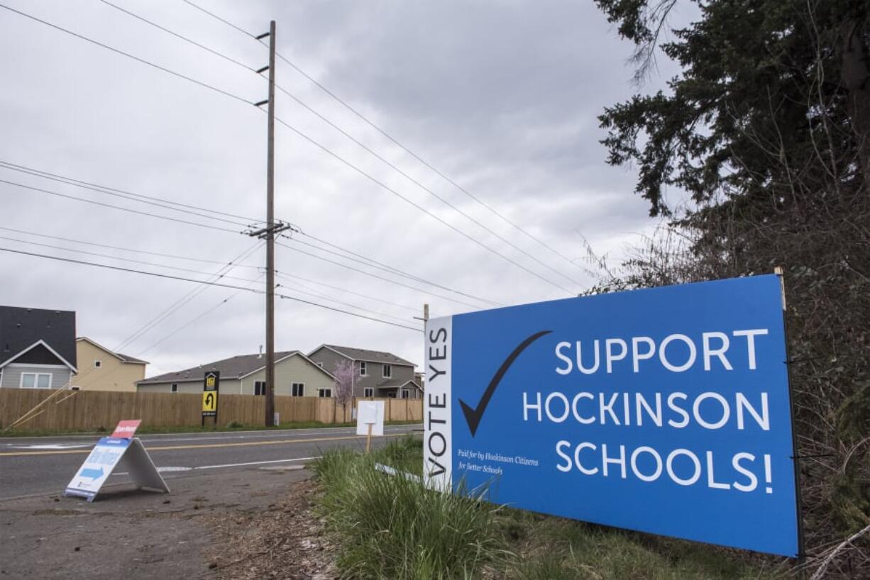 A sign advocating for the passage of the Hockinson schools levies.