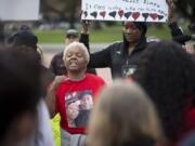 Pamela Hunter speaks during a protest in 2019 in downtown Vancouver. Her brother Carlos Hunter, was shot and killed March 7, 2019, by Vancouver police.