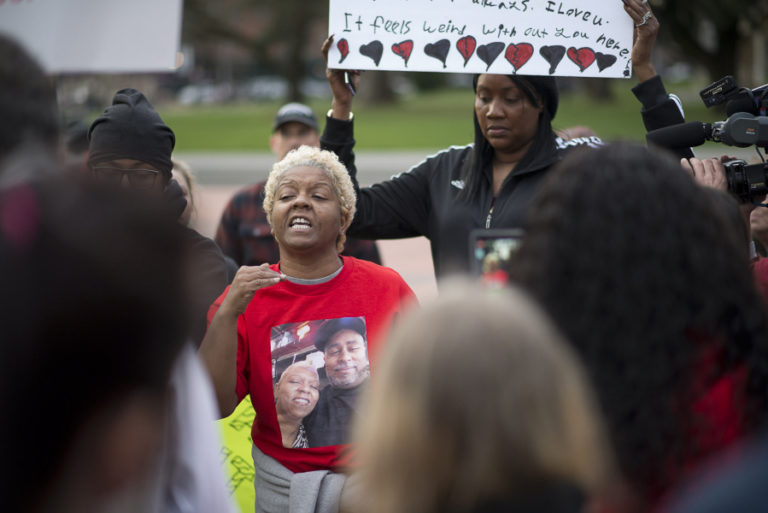 Pamela Hunter speaks during a protest in 2019 in downtown Vancouver. Her brother Carlos Hunter, was shot and killed March 7, 2019, by Vancouver police.