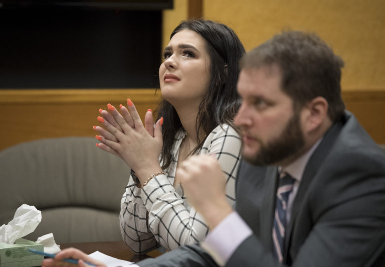 Defendant Tay'Lor Smith, left, fights back tears as her lawyer speaks during her sentencing at the Clark County Courthouse on Wednesday afternoon, March 27, 2019.