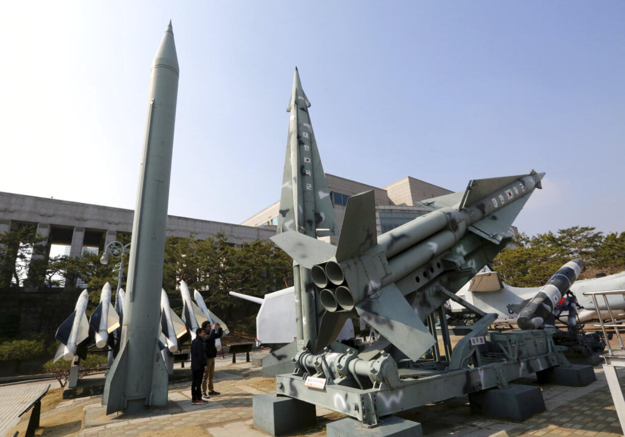 A mock North Korea's Scud-B missile, left, and South Korean missiles are displayed at Korea War Memorial Museum in Seoul, South Korea, Thursday, March 7, 2019. South Korea's military says it's carefully monitoring North Korean nuclear and missile facilities after the country's spy agency told lawmakers that new activity was detected at a research center where the North presumably builds its long-range missiles targeting the U.S. mainland.