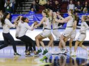 Portland State celebrates their 61-59 win over Eastern Washington in an NCAA college basketball game in the championship of the Big Sky tournament in Boise, Idaho, Friday, March 15, 2019.