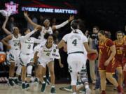 Baylor celebrates after defeating Iowa State during the Big 12 women’s conference tournament championship in Oklahoma City, Monday, March 11, 2019. Baylor won 67-49.