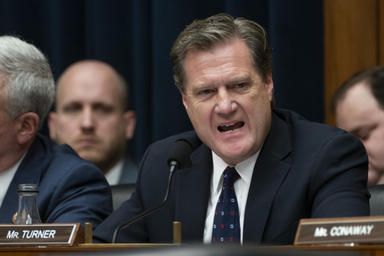 Rep. Mike Turner, R-Ohio, calls for the resignation of House Intelligence Committee Chairman Adam Schiff, D-Calif., as the Democrat-controlled panel pushed ahead with their oversight of the Trump administration on Capitol Hill in Washington, Thursday, March 28, 2019. Schiff this week has repeated his assertion that evidence of collusion is in “plain sight,” saying that Mueller’s failure to find a criminal conspiracy with Russia does not absolve the Trump campaign of its actions. (AP Photo/J.