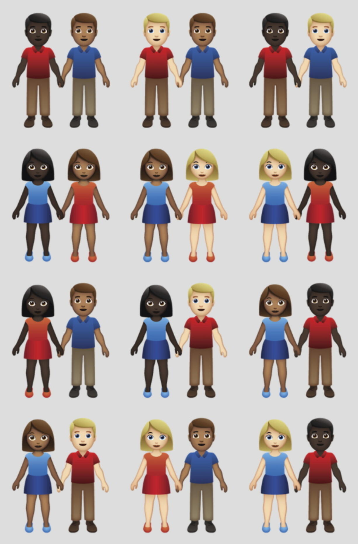 The emoji gods, otherwise known as the Unicode Consortium, will now offer couples of color using six skin tones already available.