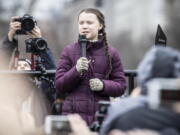 Swedish climate activist Greta Thunberg attends the ‘Friday For Future’ rally in Berlin, Germany, Friday, March 29, 2019. Thousands of students are gathering in the German capital, skipping school to take part in a rally demanding action against climate change.