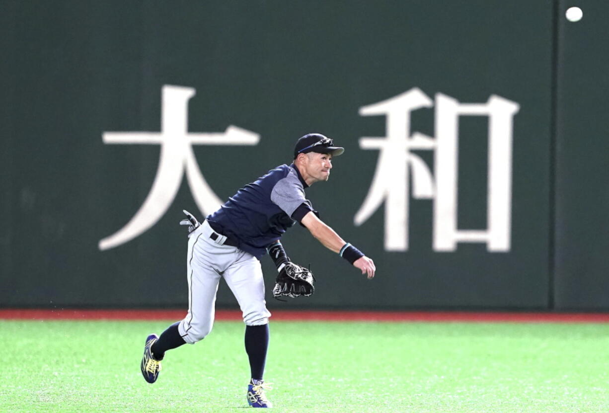 Seattle Mariners’ Ichiro Suzuki warms up during his team’s practice at Tokyo Dome in Tokyo Saturday, March 16, 2019. The Mariners will play in a two-baseball game series against the Oakland Athletics to open the Major League season on March 20-21.