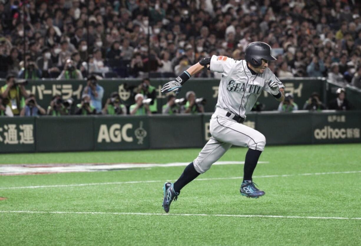 Seattle Mariners’ Ichiro Suzuki heads to first as he grounds out in the fourth inning of a pre-season exhibition baseball game against the Yomiuri Giants at Tokyo Dome in Tokyo Sunday, March 17, 2019.