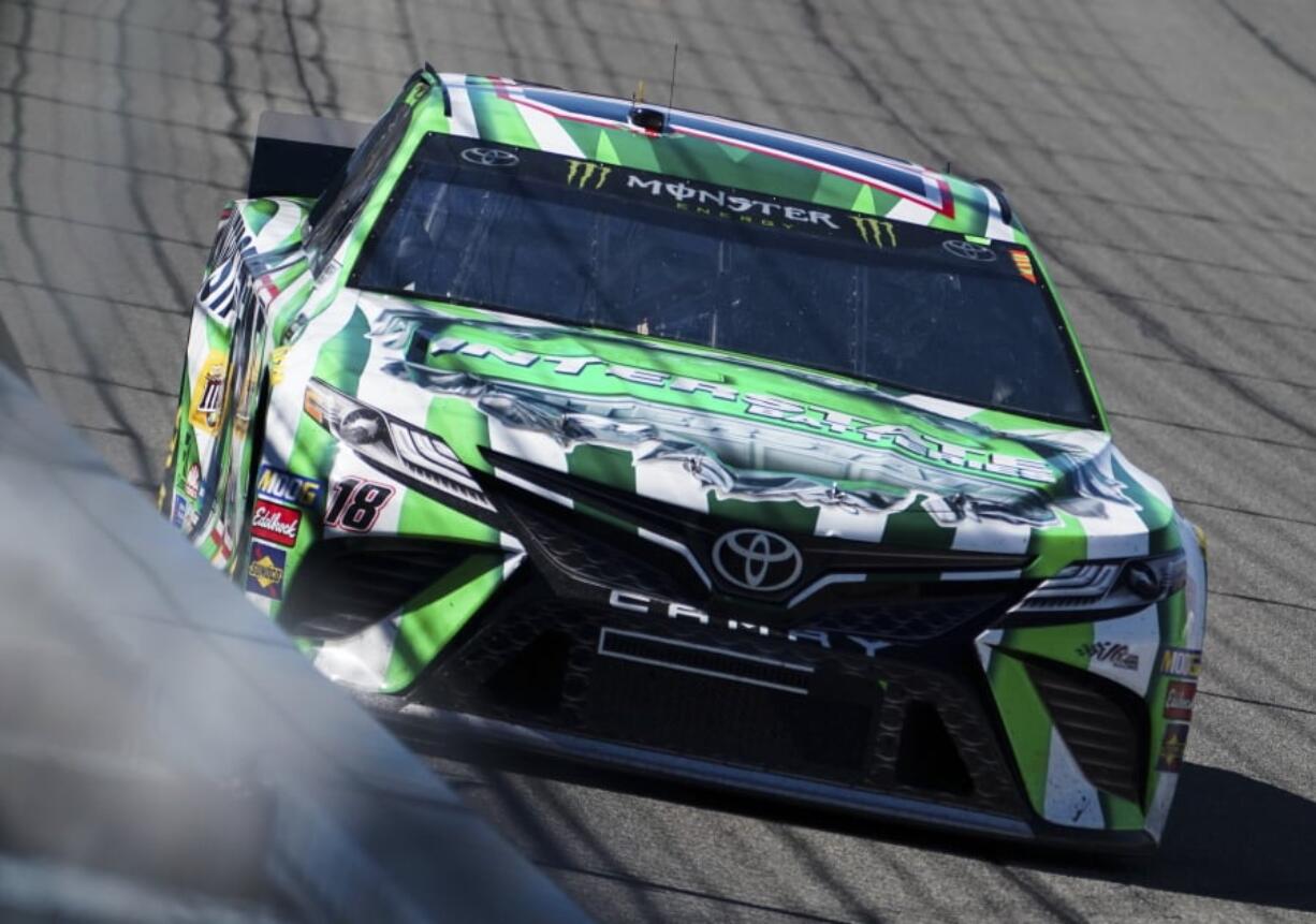 Kyle Busch drives during the early laps of the NASCAR Cup Series auto race at Auto Club Speedway, in Fontana, Calif., Sunday, March 17, 2019.