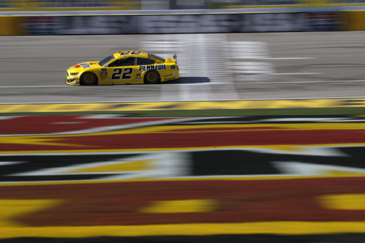 Joey Logano drives during a NASCAR Cup Series auto race at Las Vegas Motor Speedway, Sunday, March 3, 2019, in Las Vegas.