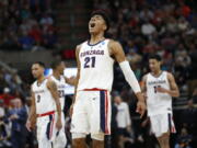 Gonzaga forward Rui Hachimura (21) celebrates after Gonzaga scored against Fairleigh Dickinson during the first half of a first-round game.