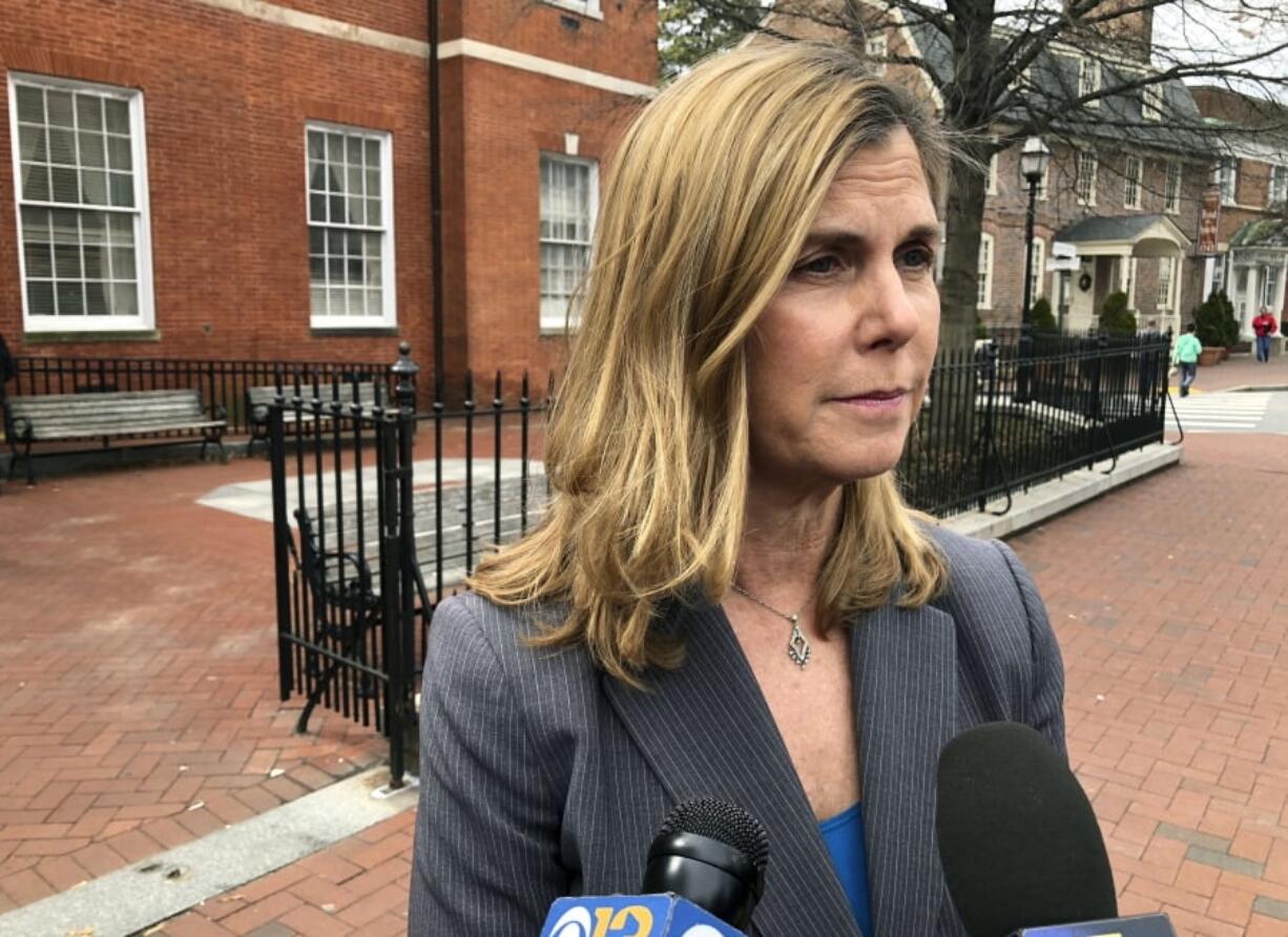 Anne Arundel County State’s Attorney Anne Colt Leitess talks to reporters after a court hearing on Monday, March 11, 2019, in Annapolis, Md., for Jarrod Ramos, who is charged with killing five people at The Capital Gazette newspaper office in June 2018.