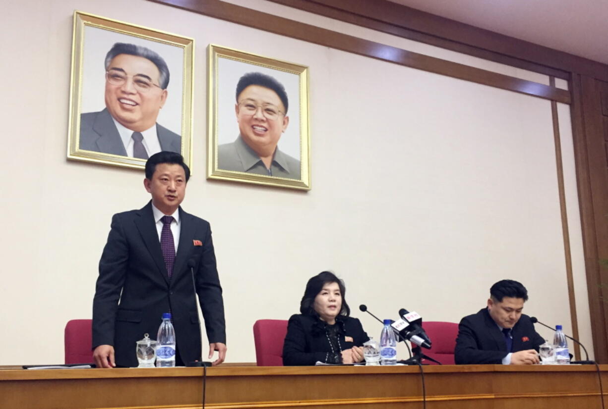 CORRECTS YEAR - North Korean Vice Foreign Minister Choe Son Hui, center, speaks at a gathering for diplomats in Pyongyang, North Korea on Friday, March 15, 2019. North Korean leader Kim Jong Un will soon make a decision on whether to continue diplomatic talks and maintain the country’s moratorium on missile launches and nuclear tests, the senior North Korean official said, noting the U.S. threw away a golden opportunity at the recent summit between their leaders. Interpreter is on Choe’s right and the man standing is unidentified vice director of foreign ministry’s North America desk.