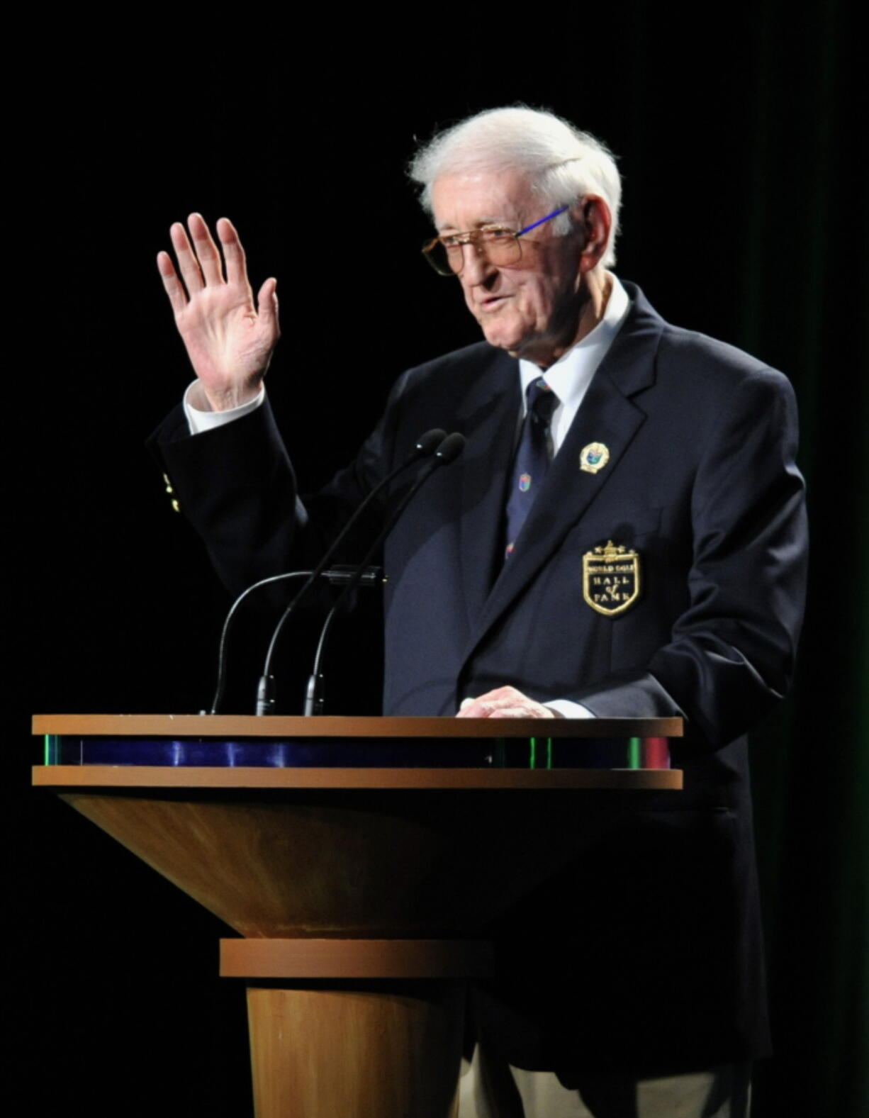 FILE - In this May 7, 2012, file photo, sports writer Dan Jenkins speaks after receiving the lifetime achievement award during the World Golf Hall of Fame inductions at World Golf Village in St. Augustine, Fla. Jenkins, the sports writing great and best-selling author known for his humor, has died. He was 89. TCU athletic director Jeremiah Donati confirmed Jenkins died Thursday, March 7, 2019, in his hometown of Fort Worth, Texas.