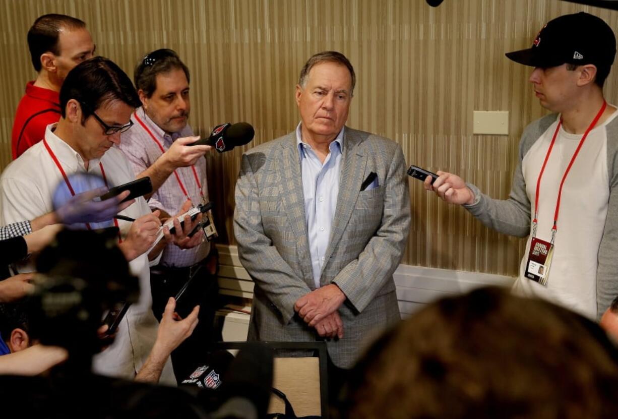 New England Patriots head coach Bill Belichick speaks to the media during the NFC/AFC coaches breakfast during the annual NFL football owners meetings, Tuesday, March 26, 2019, in Phoenix.