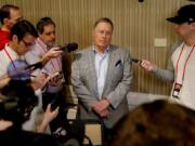 New England Patriots head coach Bill Belichick speaks to the media during the NFC/AFC coaches breakfast during the annual NFL football owners meetings, Tuesday, March 26, 2019, in Phoenix.