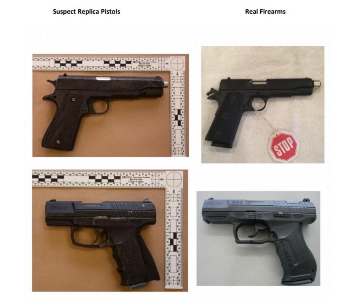 The Regional Major Crimes Team, led by the Clark County Sheriff’s Office, says 29-year-old Michael Pierce was armed with replica pistols (left) when he was fatally shot by two Vancouver police officers on Feb. 28.