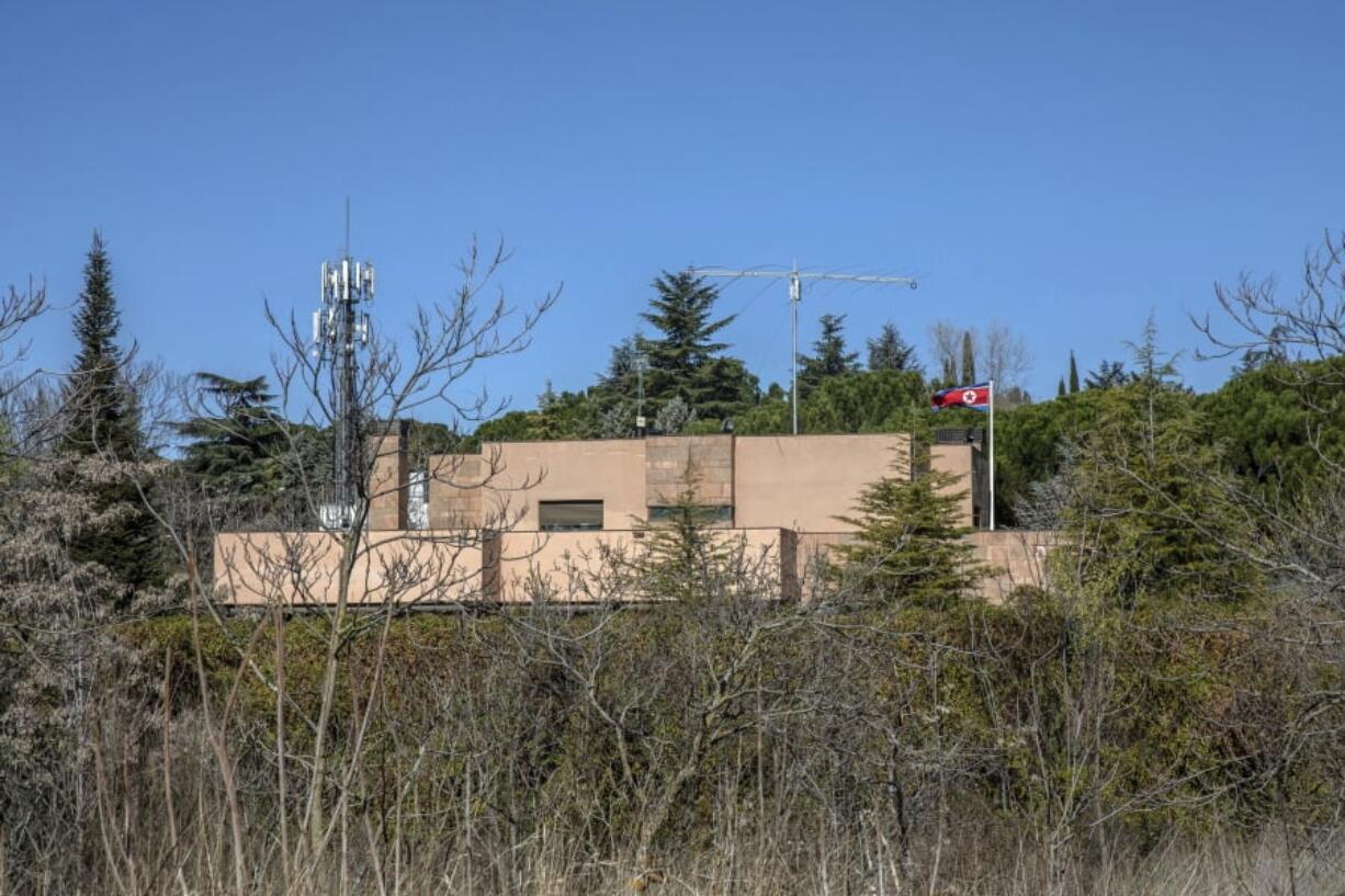 This Wednesday, March 13, 2019 photo show a general view of the North Korea’s embassy in Madrid, Spain, Wednesday March 13, 2019. A Spanish court is accusing an American, Mexican and South Korean part of a 10-strong group that led an attack on the North Korean Embassy in February, saying the FBI was offered stolen data.