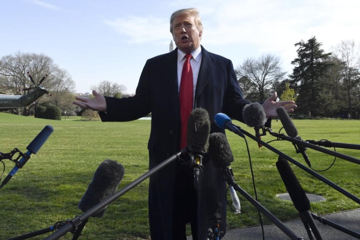 President Donald Trump talks with reporters before boarding Marine One on the South Lawn of the White House in Washington. Trump has been dealt a second setback in a week for his administration’s health care initiatives. A federal judge in Washington, D.C., on Thursday struck down a small-business health insurance plan widely touted by Trump after another judge on Wednesday blocked Medicaid work requirements for low-income people. Trump has hailed the small-business plan as a big success, but its impact is difficult to measure.