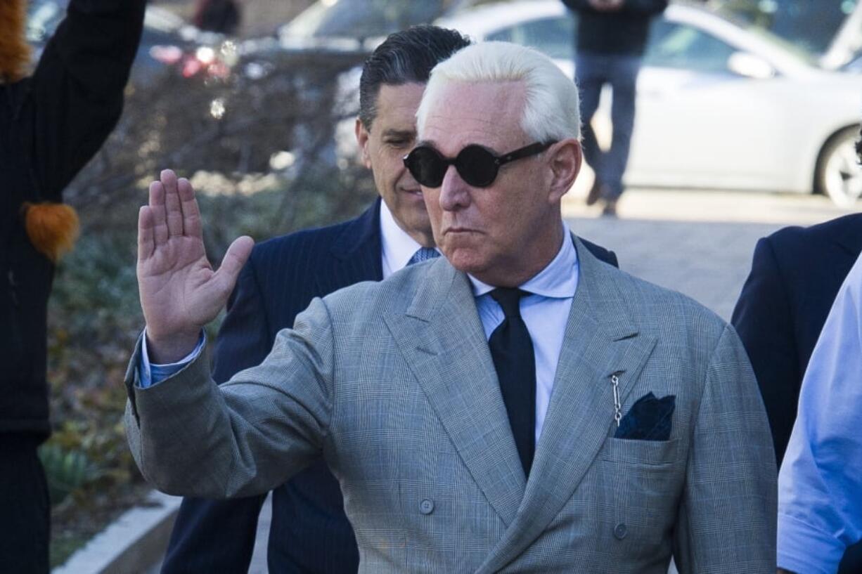 Roger Stone, an associate of President Donald Trump, arrives at the U.S. District Court, for a court status conference on his seven charges: one count of obstruction of an official proceeding, five counts of false statements, and one count of witness tampering, in Washington, Thursday, March 14, 2019. Stone has pleaded not guilty to the charges.