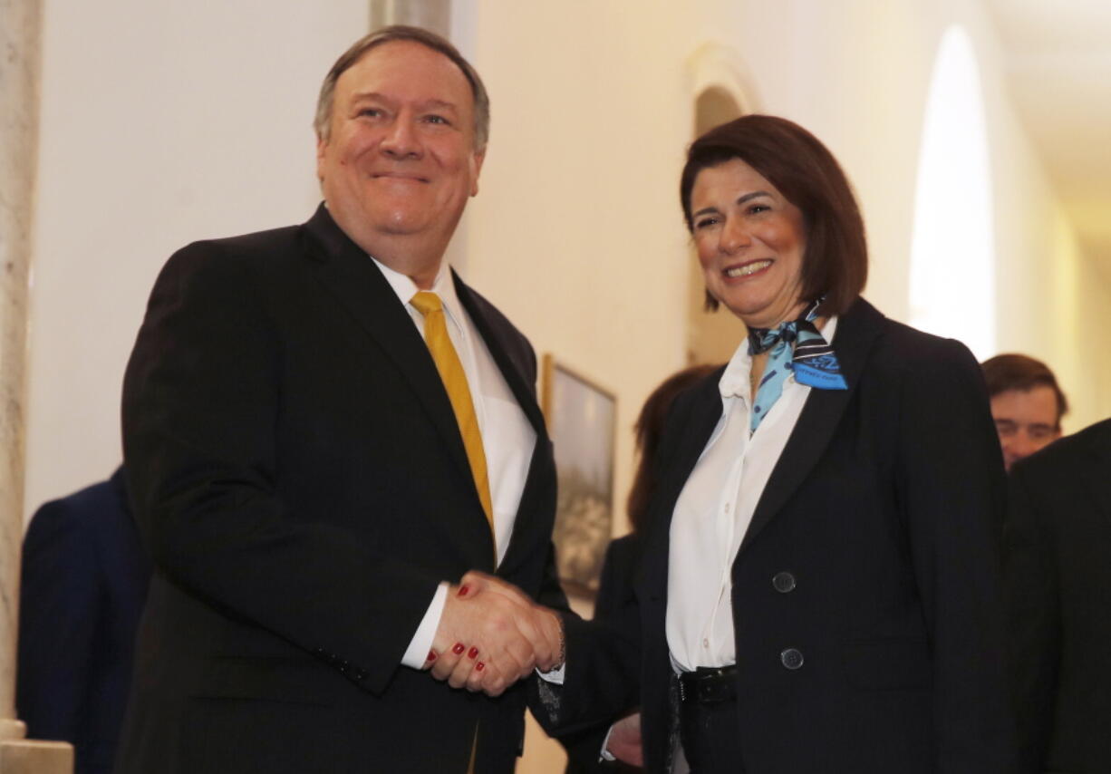 U.S. Secretary of State Mike Pompeo meets with Lebanon’s Interior Minister Raya al-Hassan at the Interior Ministry in Beirut, Lebanon, Friday, March 22, 2019.