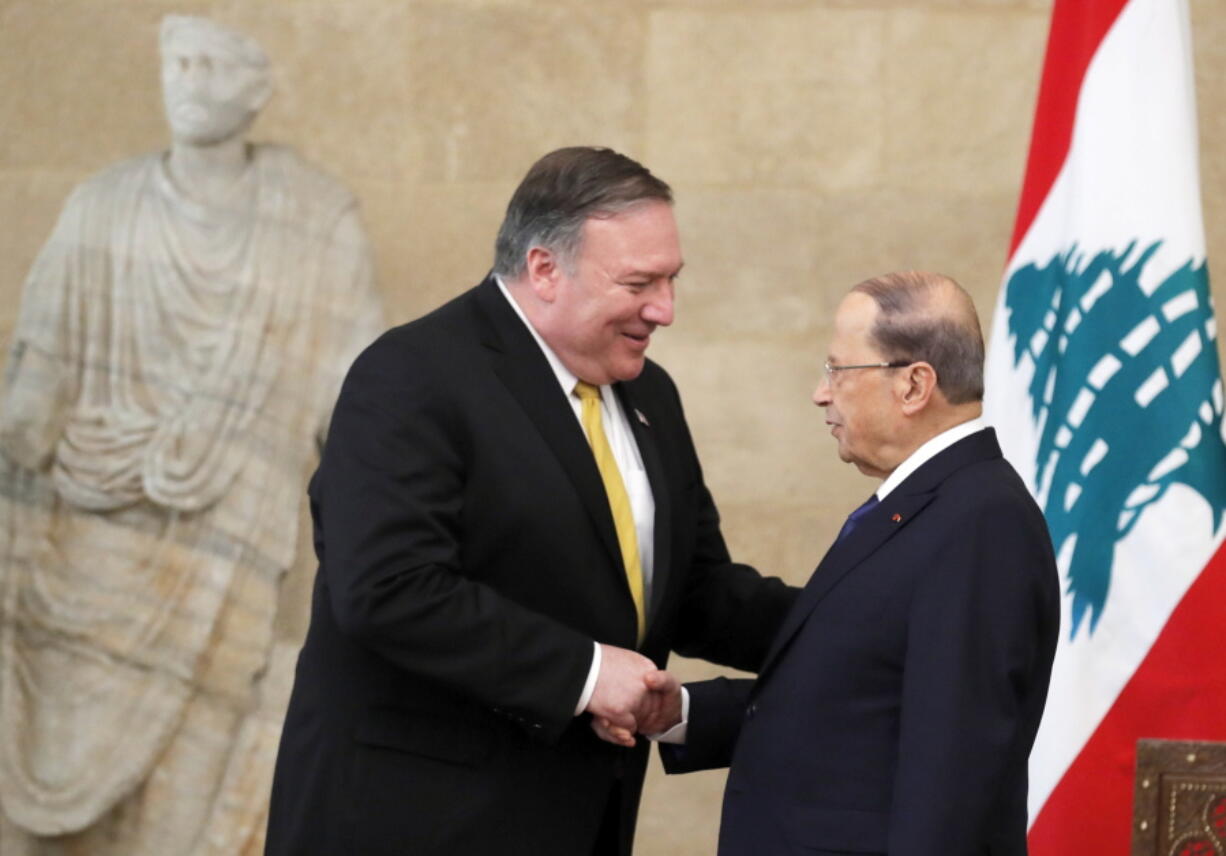 U.S. Secretary of State Mike Pompeo meets with Lebanon’s President Michel Aoun at the presidential palace in Baabda, Lebanon, Friday, March 22, 2019.