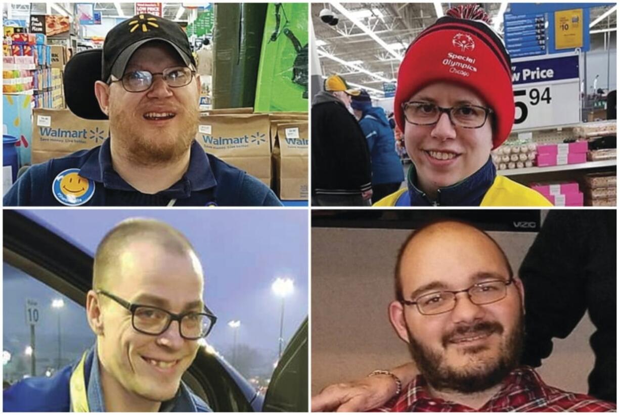 This combination of images shows Walmart greeters, clockwise from top left, John Combs in Vancouver, Wash., Ashley Powell in Galena, Ill., Mitchell Hartzell in Hazel Green, Ala., and Adam Catlin in Selinsgrove, Pa. Combs, Powell, Hartzell and Catlin are among disabled Walmart greeters threatened with job loss as Walmart transforms the greeter position into one that’s more physically demanding. After more than a week of backlash, Greg Foran, president and CEO of Walmart’s U.S. stores, said in a memo to store managers Thursday, Feb. 28, 2019, that “we are taking some specific steps to support” greeters with disabilities.