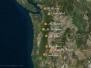 Major volcanoes in the Cascade Range.