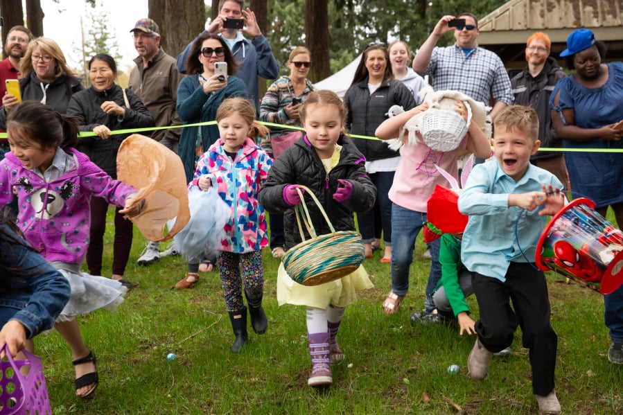 Kids rush toward the eggs at the start of the 28th Annual Easter Day Egg Hunt at Crown Park in Camas on April 21, 2019.