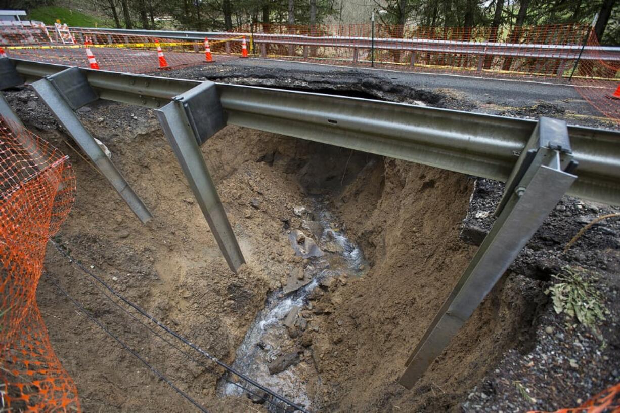 Winter storms washed out this section of Northwest Pacific Highway near La Center, as seen Feb. 25. Crews have since rebuilt and reopened the road.