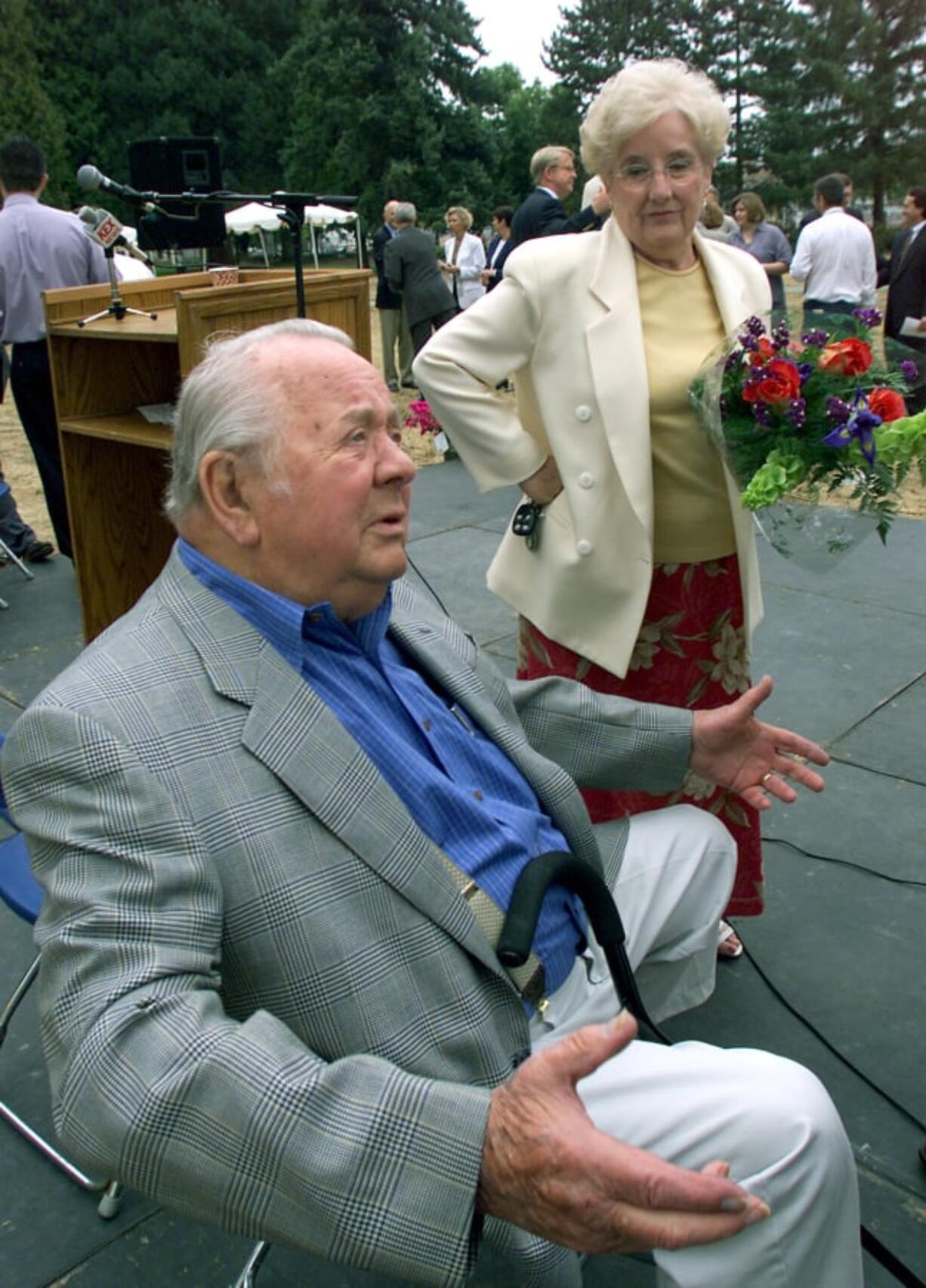 George and Carolyn Propstra at an Aug. 24, 2000, event in Esther Short Park. The plaza and clock tower in the park’s southeast corner are one of many projects the Propstras endowed.