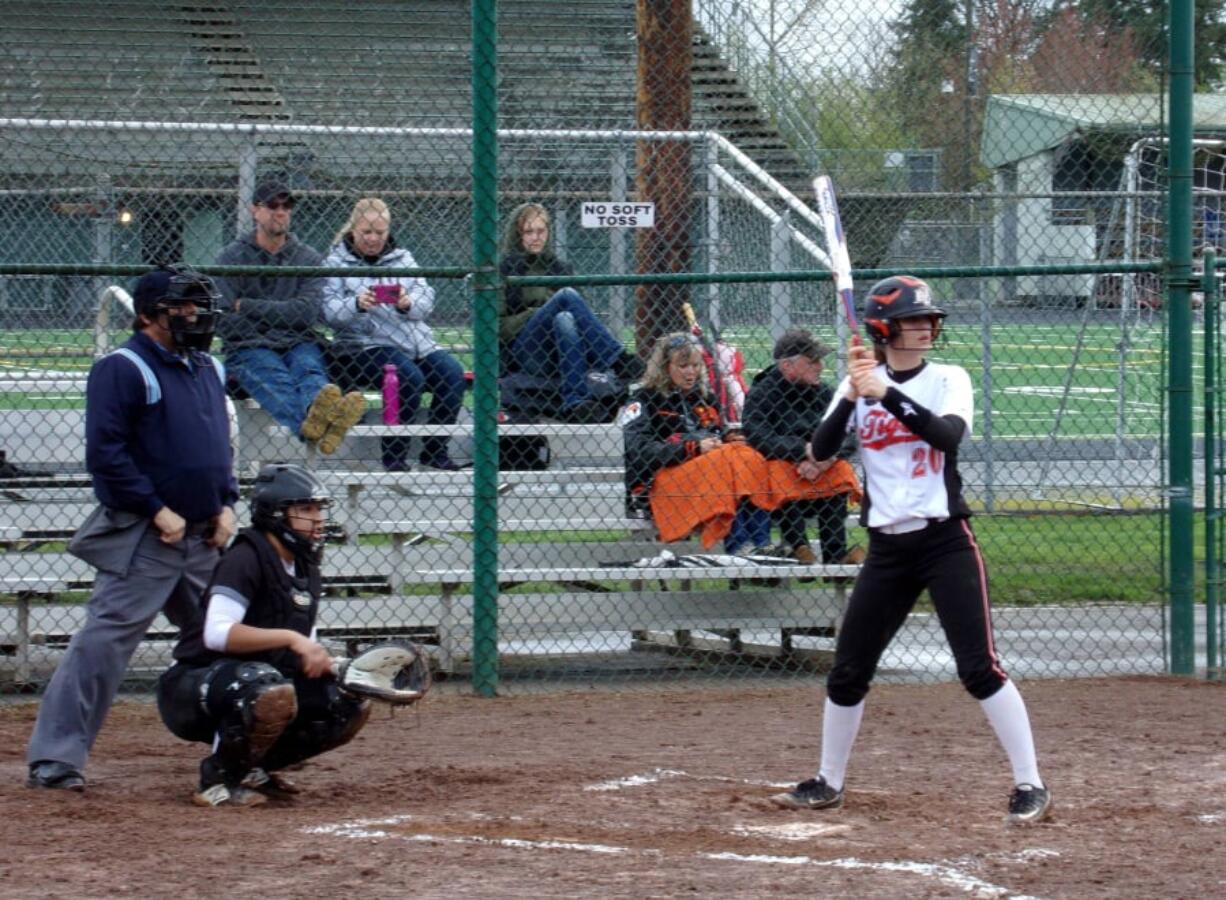 Brianna Adams of Battle Ground stands in the batter’s box against Union. Adams went 2 for 3 with three RBI in the Tigers’ 10-0 win over Union (Tim Martinez/The Columbian).