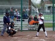 Brianna Adams of Battle Ground stands in the batter’s box against Union. Adams went 2 for 3 with three RBI in the Tigers’ 10-0 win over Union (Tim Martinez/The Columbian).