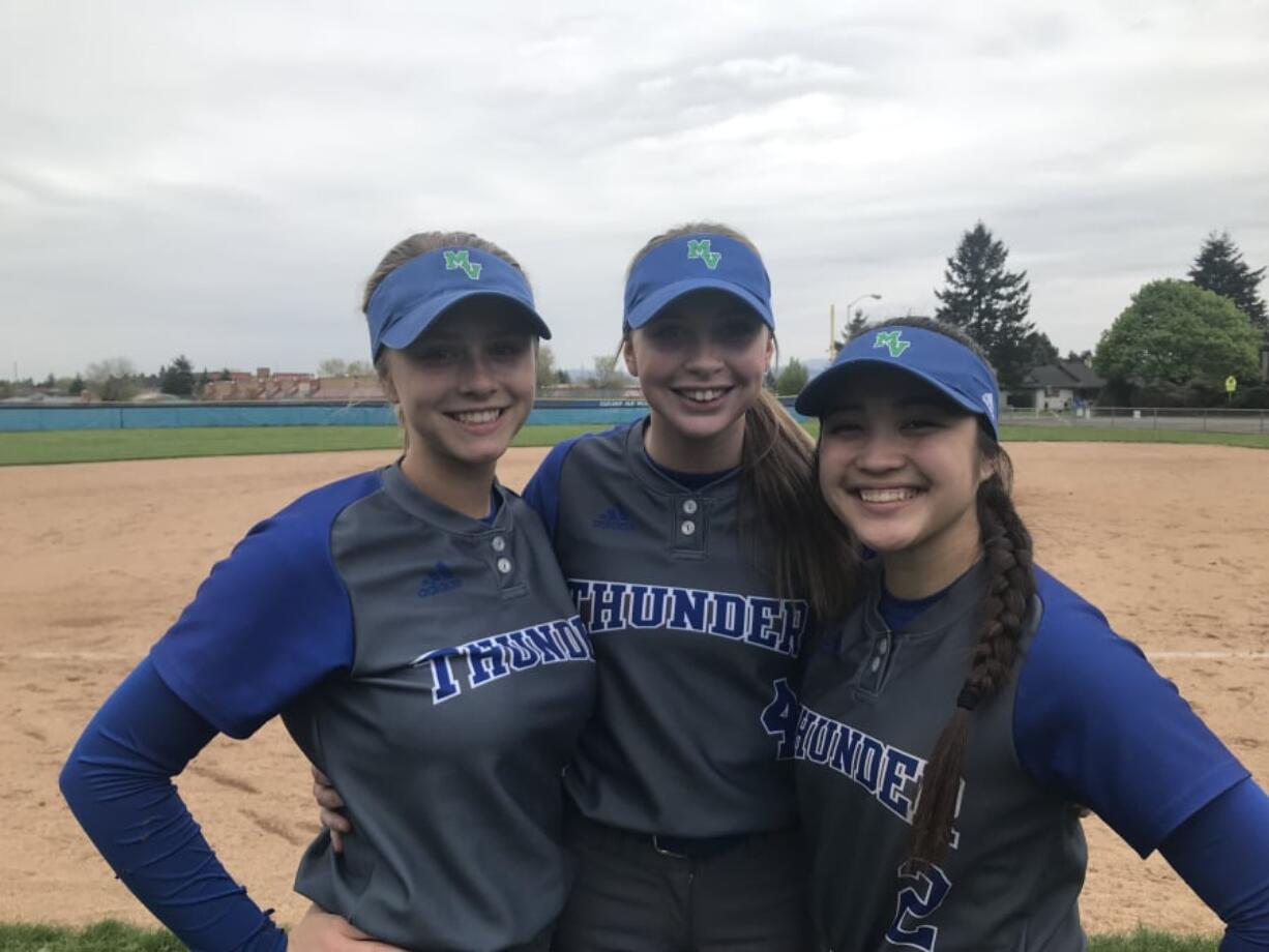 From left, Serena Fogg, Sydney Brown and Jocelyn O’Campo have the Mountain View softball team off to its best start in years.