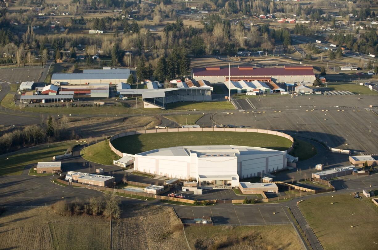 An aerial photograph of the Sunlight Supply Amphitheater at the Clark County Fairgrounds.