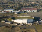 An aerial photograph of the Sunlight Supply Amphitheater at the Clark County Fairgrounds.