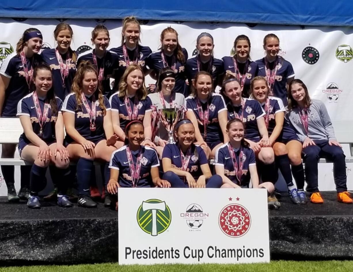 Pacific FC 01 Blue U18 Oregon State Presidents Cup Champions for 2019. Players include Grace Adams, Madison Antell, Kelsey Bern, Jordan Frei, Addy Friesen, Braeden Glaser, Jolie Gullickson, Macey Hall, Abbi Harris, Adamaris Jimenez, Faith Livsey, Amanda McShea, Anna Neal, Katie Nelson, Hannah Paris, Alex Schulz, Emily Shergill, Jasmine Shigeno, Kennedy Smith, Milly Suarez.