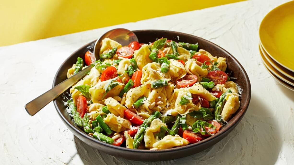 Tortellini Salad With Asparagus and Basil Dressing.