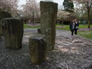 Delaney Lewis, 19, of Battle Ground, left, keeps in step with her mom, Krystopher, as they stroll through a blanket of blossoms knocked off trees by spring rains at Clark College on Monday afternoon while touring the school.