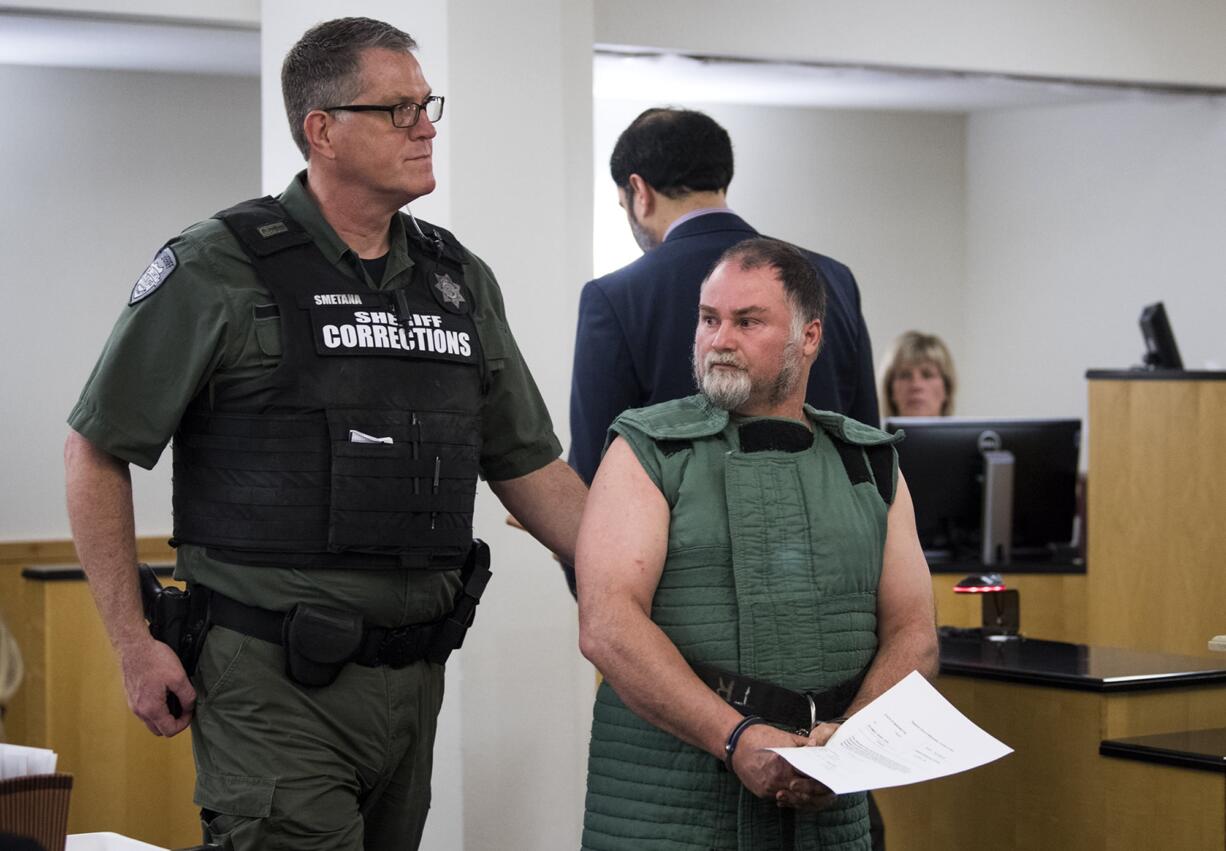 Randy John Schmidt, 47, appears Wednesday, April 10, 2019, in Clark County Superior Court to face an allegation of second-degree murder in the death of 52-year-old Michael Chad Holmes of Camas. Schmidt asked the judge to appoint him a defense attorney because his family has abandoned him, he said.