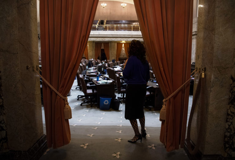 Rep. Monica Stonier, D-Vancouver, pauses for a moment to check who is still on the floor before going into caucus during in Olympia, Wash., on Tuesday, April 9, 2019.